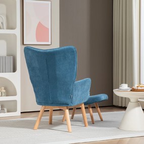 HOMCOM Akcentowy Fotel z Podnóżkiem, Fotel Relaksacyjny w Wyglądzie Sztruksu, Fotel z Podłokietnikami i Drewnianymi Nogami, do Salonu, Niebieski