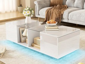 Stół kawowy z wielokolorowym oświetleniem LED - 2 drzwi uchylne i półka szklana - Biały