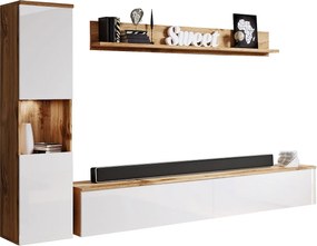 Nowoczesna meblościanka 3-elem. do salonu, korpus wotan, fronty biały połysk, słupek i szafka RTV 180 cm