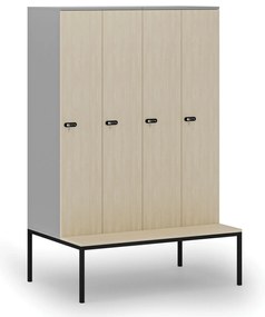 Drewniana szafa ubraniowa z ławką, 4-drzwiowa, 1871 x 1200 x 500/800 mm, demontaż, zamek mechaniczny z kodem, szary/brzoza