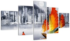 Obraz - Victoria Harbor, Hongkong, czarno-biały obraz olejny (125x70 cm)