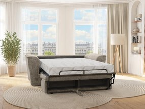 Kanapa 3-osobowa rozkładana typu express z tkaniny teksturowanej taupe - Powierzchnia spania na szerokich listwach 140 cm - Materac 22 cm z pianką memory - RIZORA