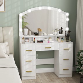 HOMCOM Toaletka z 10 lampami LED w stylu Hollywood, lustro, 7 szuflad, 3 przegrody, MDF, biała