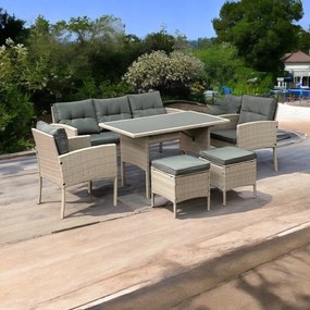 Zestaw mebli stołowych do ogrodu dla 7 osób Betim 078 jasny beż, poduszki szare