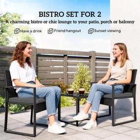 Outsunny Zestaw bistro z rattanu, 3-częściowy zestaw mebli ogrodowych z 2 krzesłami ogrodowymi, stolikiem kawowym, zdejmowanymi poduszkami Ciemnoszary | Aosom PL
