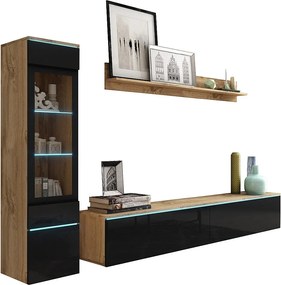 Nowoczesny zestaw mebli do salonu 3 elementy – szafka RTV 180 cm, witryna i półka, korpus wotan mat, fronty czarny połysk, stojąca lub wisząca