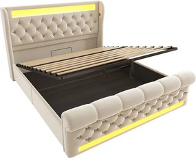 Łóżko z pojemnikiem 160x200 cm, beżowy aksamit, łóżko podwójne z oświetleniem LED i portami USB - bez materaca