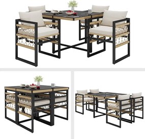 Zestaw jadalniany ogrodowy na 4 osoby, lin, 1 stół jadalniany z rysunkiem bezpieczeństwa, z żelaza ocynkowanego, 4 fotele, szary