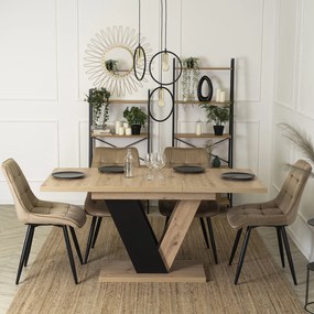 Zestaw Stół Prostokątny Rozkładany CLARK 120-160 cm Dąb Artisan/Czarny i 4 Krzesła Tapicerowane do Jadalni RIO Beżowe Welurowe