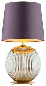 Lampa stołowa na stolik w złotym kolorze Hamilton – szkło ryflowane dymione, abażur fioletowy środek złoty