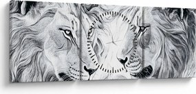 Obraz - Rysowane lwie głowy (z zegarem) (90x30 cm)