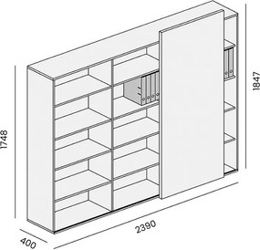 Regał biurowy z przesuwnym panelem BLOCK, 2390 x 400 x 1748, Dąb naturalny / grafitowy