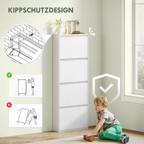 HOMCOM Wąska Biała Szafka na Buty Metalowa do 8 Par Butów z 4 Składanymi Szufladami, dla Przedpokoju, Biała