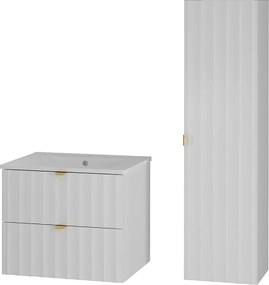 Biały Zestaw Łazienkowy 60cm Szafka z Umywalką Słupek Ryflowane Fronty Arcos