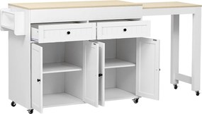 Biała mobilna kuchnia Wyspa - Wózek kuchenny z 4 drzwiami i 2 szufladami - wysuwany drewniany blat i półka na przyprawy