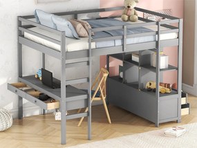 Łóżko piętrowe dla dzieci 140 x 200 cm z szufladami i biurkiem - Drewno sosnowe - Stelaż listwowy - Szary