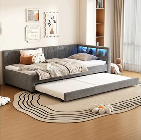 Sofa dziecięca z funkcją spania - 90 x 200 cm - pojemnik nad łóżkiem - z USB + diodami LED - z wysuwanym łóżkiem 90 x 190 cm - len + płyta MDF - szara