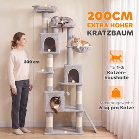 PawHut Duży drapak, 200 cm wys., 2 legowiska, 3 kryjówki, hamak, 3 piłeczki dla 1-3 kotów poniżej 6 kg, jasnoszary | Aosom PL