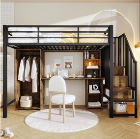 Łóżko piętrowe dla dzieci - 90 x 200 cm - rama żeliwna - ze schodkami do przechowywania + szafa + biurko + półki - metalowe - czarne