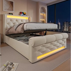 90x200 cm – Łóżko pojedyncze z ładowaniem USB i oświetleniem LED – beżowy aksamit – bez materaca