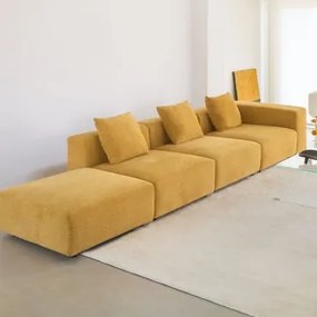 Sofa Modułowa Narożna Prawa 3-częściowa Z Wysokim Podłokietnikiem I Pufą (↔︎370 Cm) Bruna Tkaniny Szenil Musztarda - Sklum