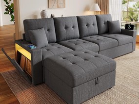 Narożna sofa modułowa w kształcie litery L - z portami ładowania i oświetleniem nastrojowym LED - z ruchomym podnóżkiem z miejscem do przechowywania - len - szary