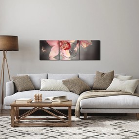 Obraz - Kwiaty i motyl (z zegarem) (90x30 cm)