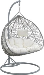 Fotel wiszący 2-osobowy  z technorattanu - Szary z białymi poduszkami - CAYAMBE