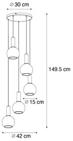 Lampa wisząca Art Deco czarna z dymionym szkłem okrągła 5-punktowa - Josje ArtDeco Oswietlenie wewnetrzne