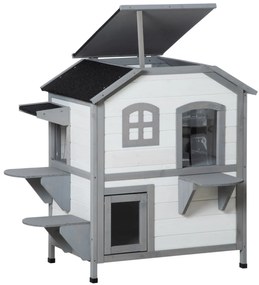 PawHut Dom dla Kota Budka 2 Piętra Wodoodporny Biały Szary Praktyczny 78x55x91cm | Aosom PL