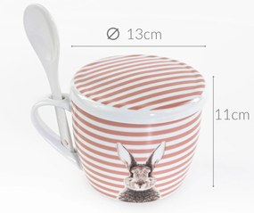 Kubek z pokrywką i z łyżeczką FLUFFY, porcelanowy, zajączek, 600 ml