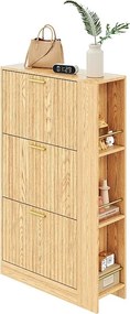 Drewniana szafka na buty - 70 x 23,5 x 11,5 cm - konstrukcja 3-drzwiowa + otwarte półki - MDF - naturalny