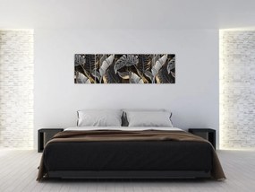 Obraz - Tropikalne liście w kolorze czarno - złotym (170x50 cm)