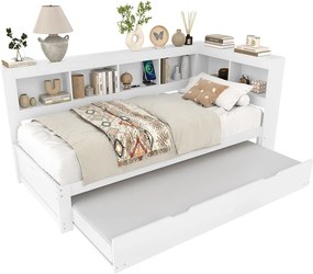 Sofa rozkładana 90x200 cm - z łóżkiem wysuwanym - z gniazdkiem + 2 USB - z listwowym stelażem - biały (materac nie jest w zestawie)