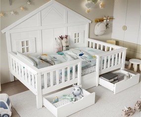 Łóżko dziecięce 90x200 cm - z 2 szufladami - z balustradami i oknami - lite drewno + MDF - Biały​ (bez materaca)