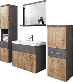 Nowoczesne meble łazienkowe, wiszący zestaw z umywalką, lustrem i słupkami, matera / kasztan mat