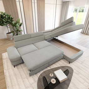 Masseno Narożnik AVISE z funkcją spania i pojemnikiem na pościel Narozniki L, Rozkładana sofa - Jasnoszary, QUELLE 83
