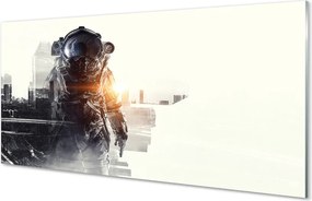 Szkło do Kuchni na Ścianę Postać na tle Panoramy Miasta