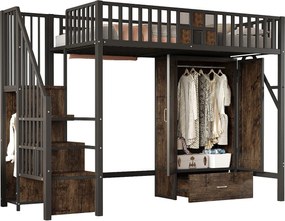 Łóżko na antresoli z metalu 90x200 cm - z szafą - 1 szuflada - z drabiną schowkową - czarny (materac nie jest dołączony)