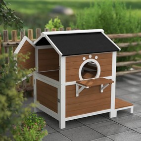 PawHut Zewnętrzna chatka dla kota z wodoodpornym dachem, oknem, balkonem, wymiennym dnem, na 2 poziomy, dla 1-2 kotów, Brąz