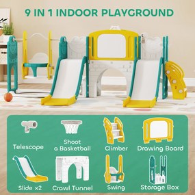 AIYAPLAY 9-w-1 zestaw zjeżdżalni i huśtawki dla maluchów z koszem do koszykówki, teleskopem, tablicą do rysowania, designem żabki, Żółty+Zielony