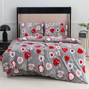 PrzytulneMieszkanie.pl PrzytulneMieszkanie.pl PrzytulneMieszkanie.pl Zestaw pościeli z mikropluszu CHRISTMAS HEART szare + prześcieradło z mikropluszu SOFT 180x200 cm białe, podwójne łóżko