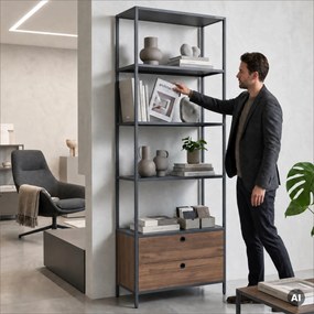 Regał biurowy metalowy z szufladami Eco Design Ariel, 80x40x220 cm, antracyt/orzech