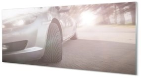 Obraz na szkle Srebrne auto ulica drzewa