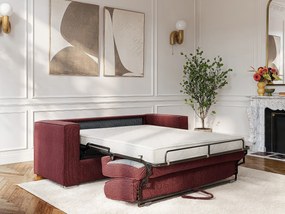 Kanapa 3-osobowa rozkładana  z bordowej tkaniny szenilowej - Szeroki stelaż listwowy 140 cm - Materac 14 cm LORETO