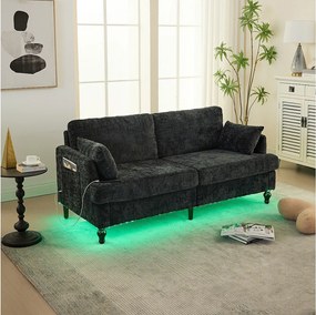 Sofa 2-osobowa w kolorze czarnym - Prosta sofa ze schowkiem i oświetleniem LED - port ładowania USB i drewniane nogi
