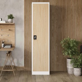 Biurowa szafa metalowa ALEX, 450 x 1850 x 400 mm, Eco Design: biała/ dąb sonoma