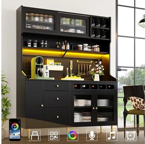 Wysoka komoda kuchenna - 145 x 39 x 171 cm - z diodami LED + stojak na wino + drzwi szklane + 3 szuflady - szkło + płyta MDF - czarna