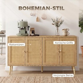HOMCOM Rattanowa komoda z 4 drzwiami, boho bufet kuchenny z 2 regulowanymi półkami, naturalny wygląd drewna | Aosom PL