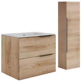 Szafka łazienkowa wisząca  z umywalką do zabudowy i kolumną - Jasny naturalny - 60 cm - NISAYA